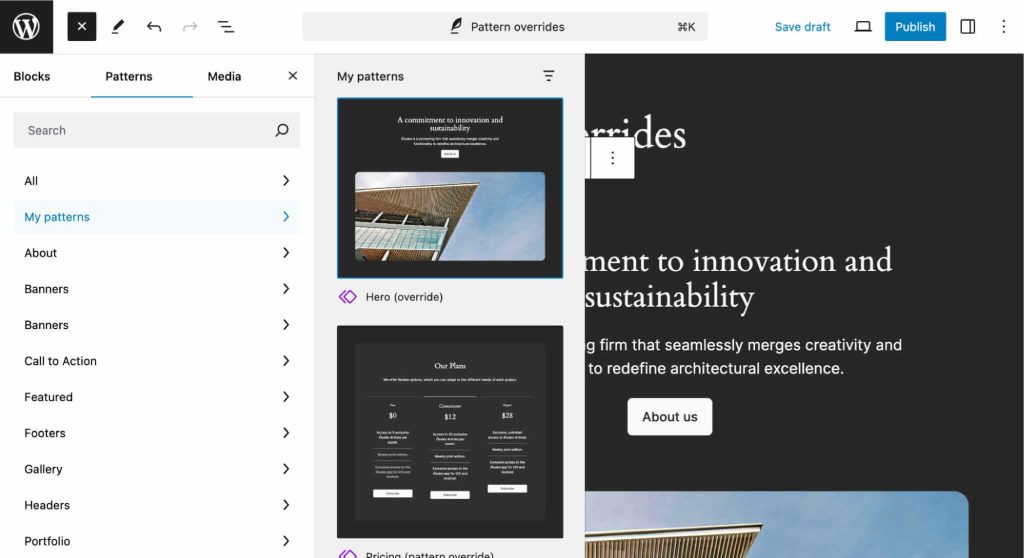WordPress Appearance Page- Patterns 
